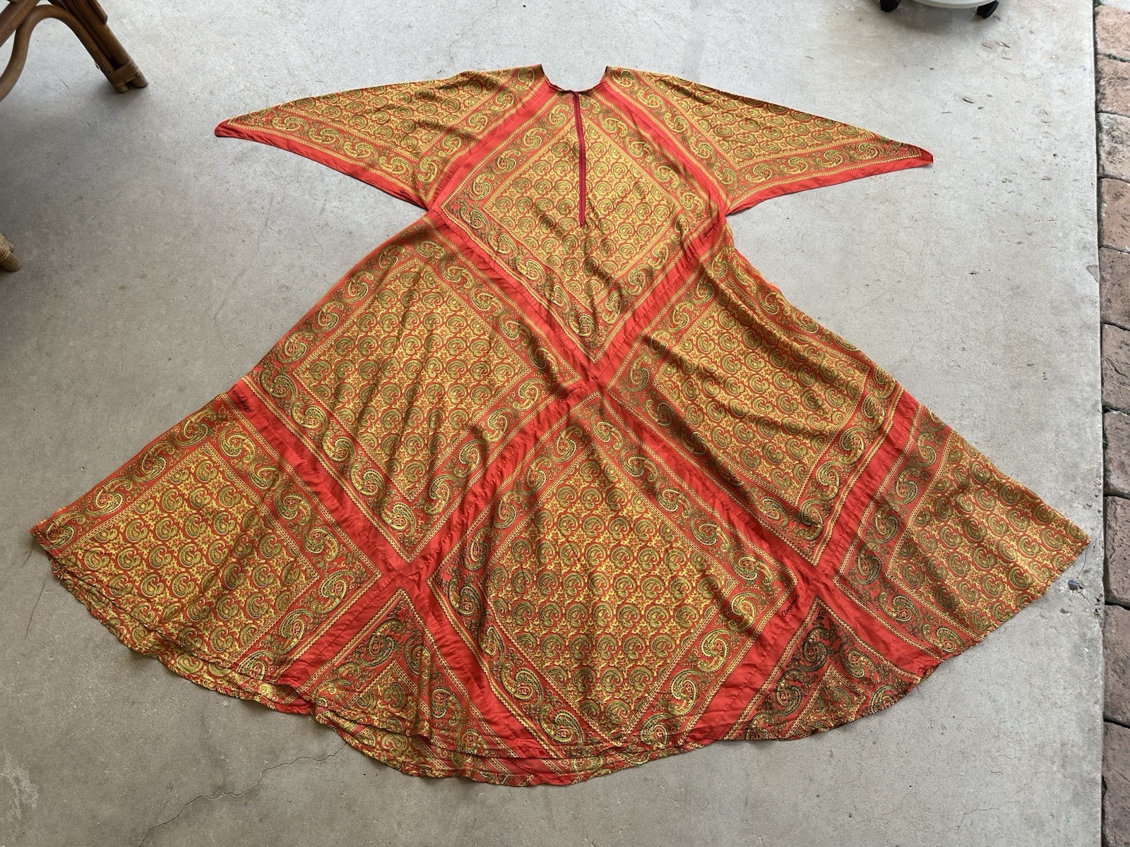 70s VTG Mexican Aramis Scarf Caftan Dress 63” Extra Long Tall Maxi Angel Sleeve