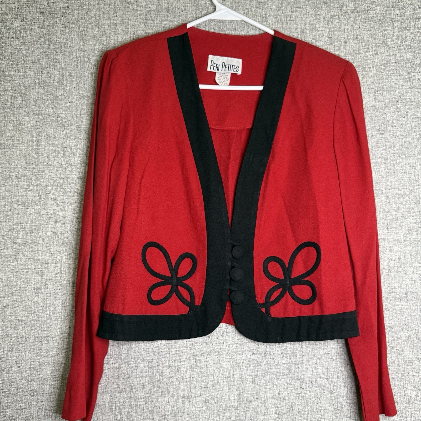 Vintage 80s 90s Red Cropped Jacket Bolero with Black Soutache Trim Size Large P