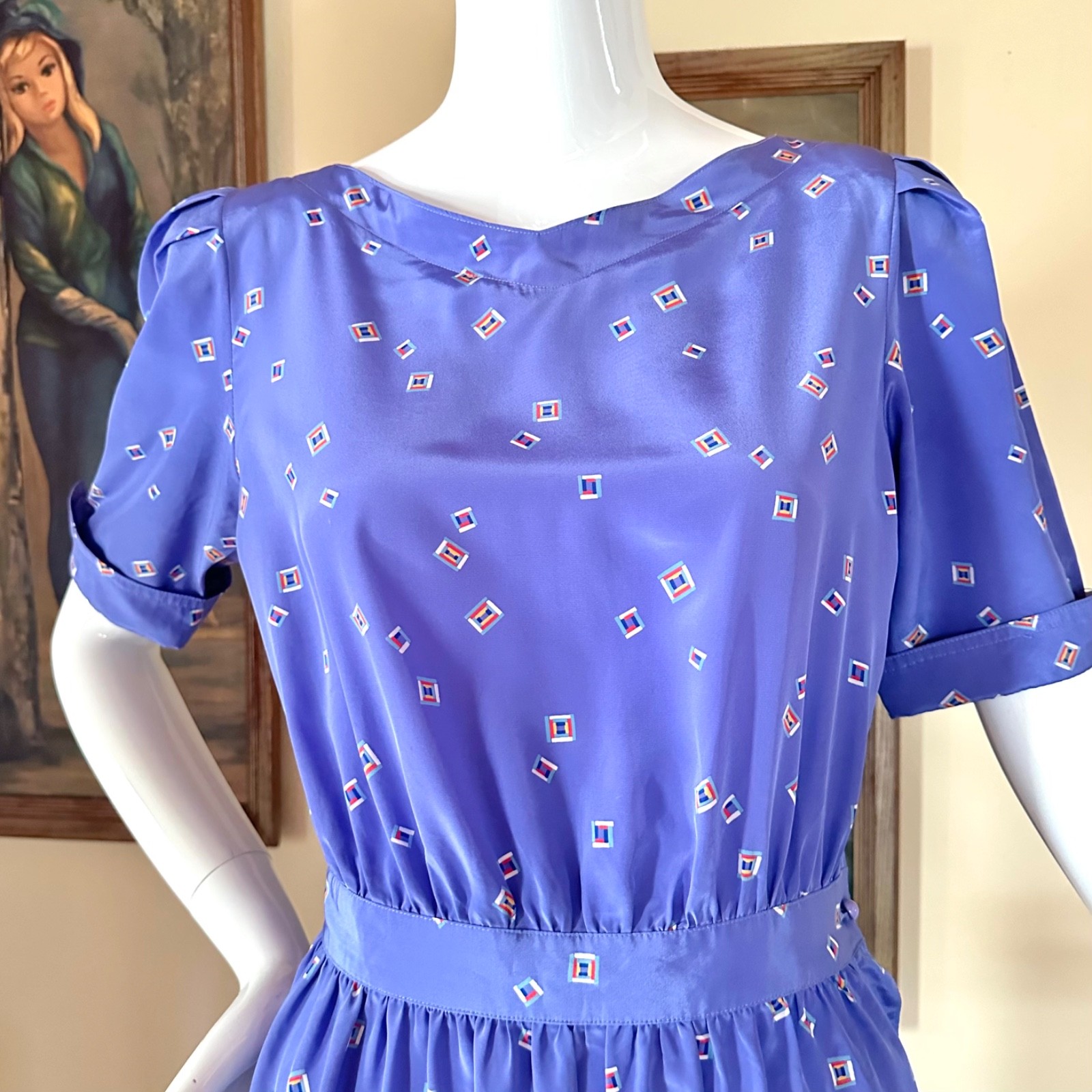 Vintage 1980s New Wave Squares Purple Secretary Day Dress Cute Button Side! S