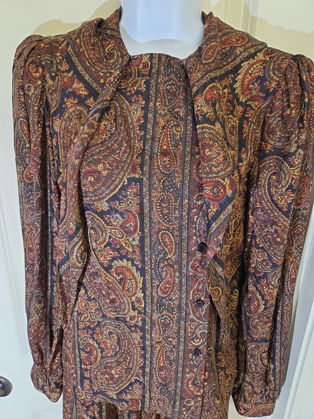 Vtg O By Oscar De La Renta 100% Silk Paisley Tie Neck Dress Skirt Blouse Set