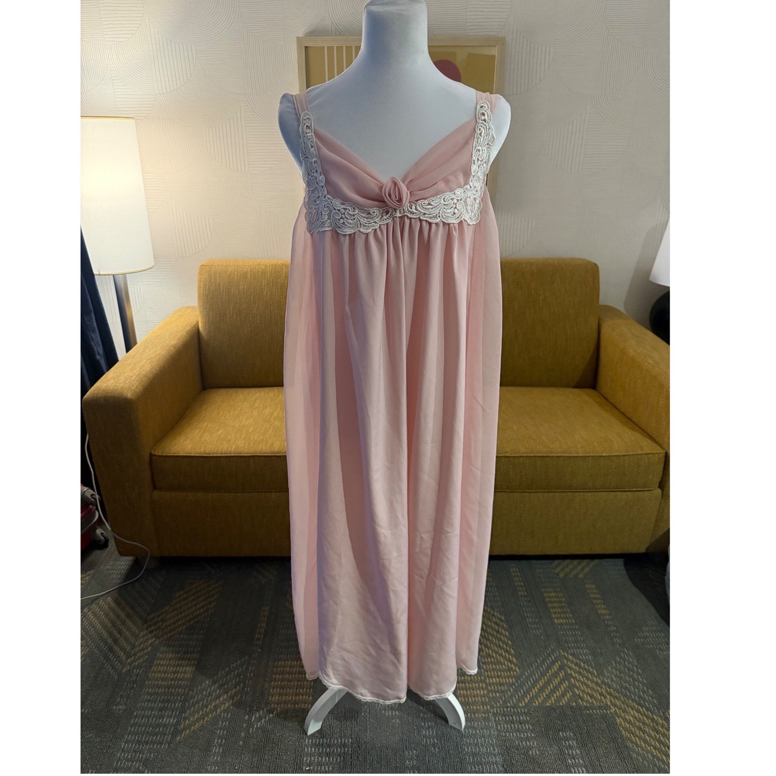 Vintage Lucie Ann II Pink Chiffon Lace Nightgown Sheer Maxi Dress Made in USA