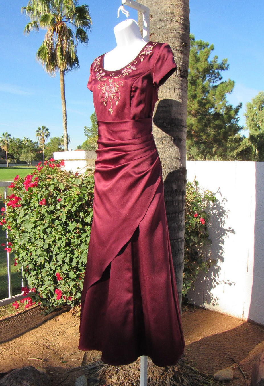 VTG 1970s 80s SAKS FIFTH AVENUE EVENING FORMAL DRESS BURGUNDY WINE EMBROIDERY
