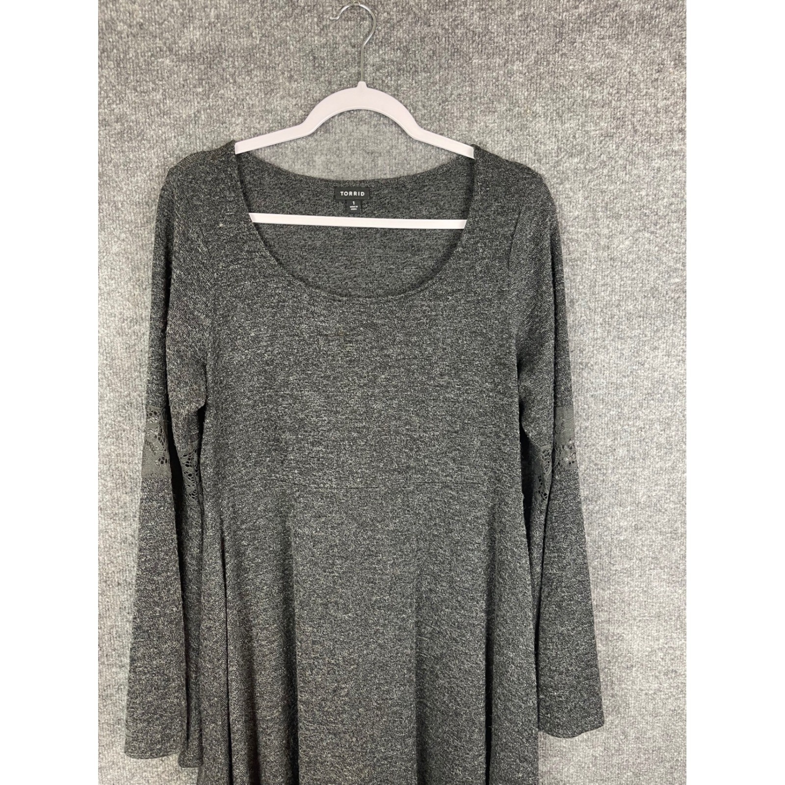Torrid Skater Dress Women’s 1X Gray Good Lace Bell Sleeve Heathered Scoop Neck