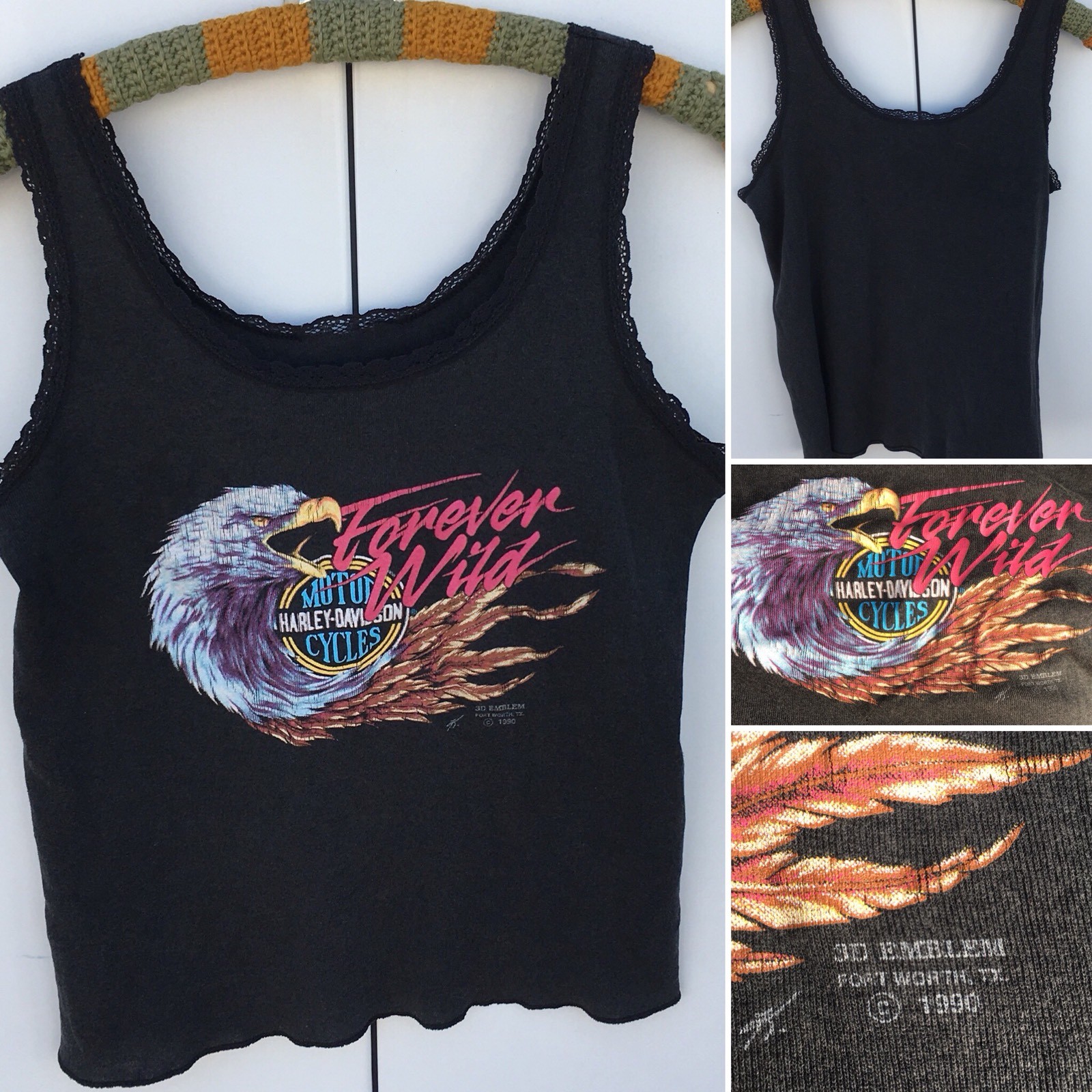 Vintage 3D EMBLEM Forever Wild Harley Davidson Tank Top c 1990 Bald Eagle