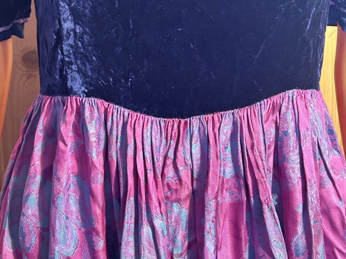 VTG 40s 50s Cocktail Dress Blue Velvet Satin Brocade Iridescent MCM Party 28W S