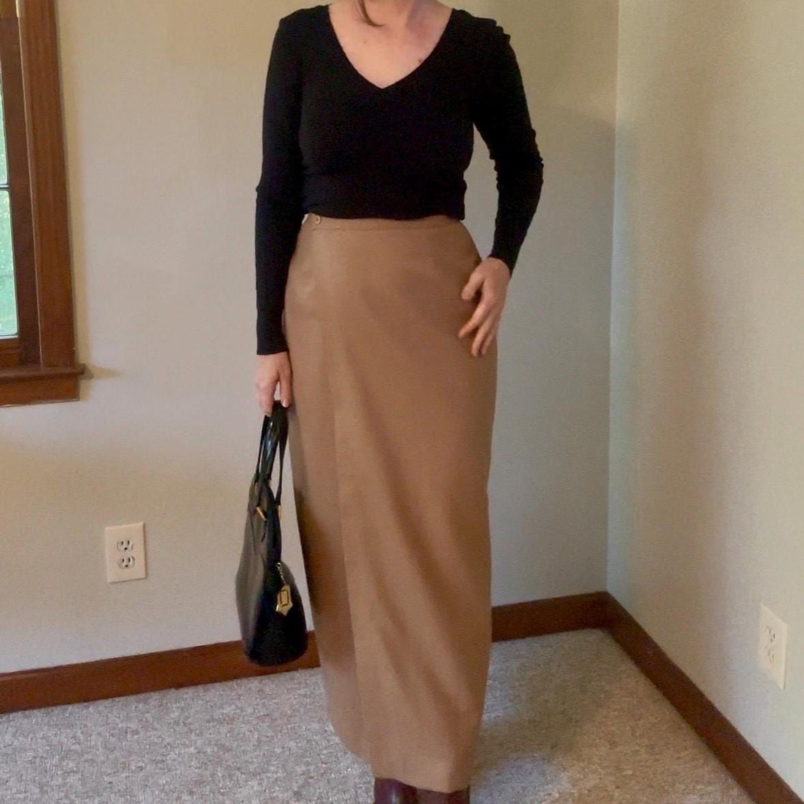 Vintage SISLEY Camel Italian Virgin Wool Wrap Maxi Skirt, 90s Minimalist, Size 6