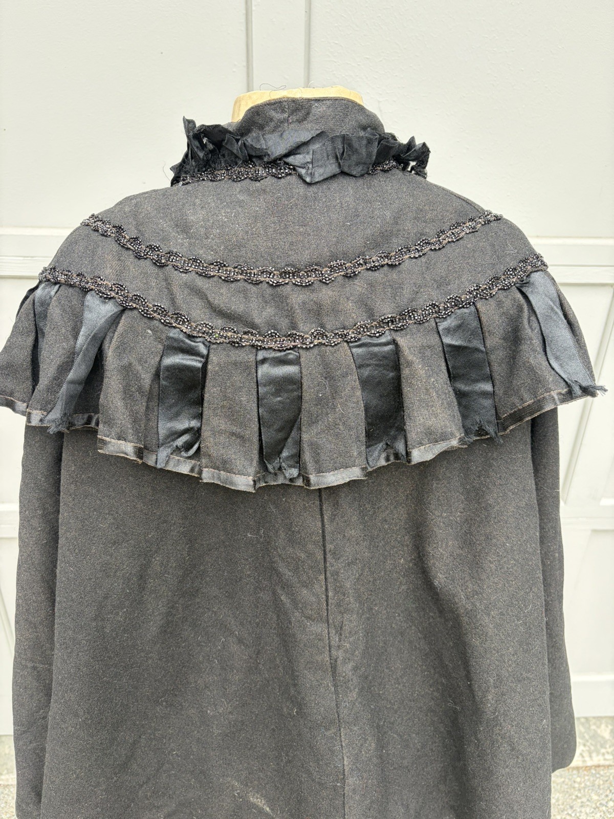 Antique Victorian Black Wool Beaded Evening Cape Capelet Cloak Mourning 1800s