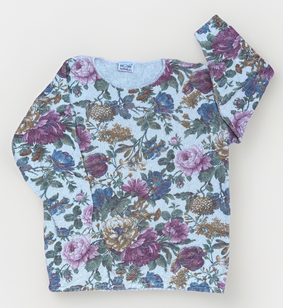 VTG 90s Denim Republic Floral Cottagecore Tapestry Knit Sweater – Large