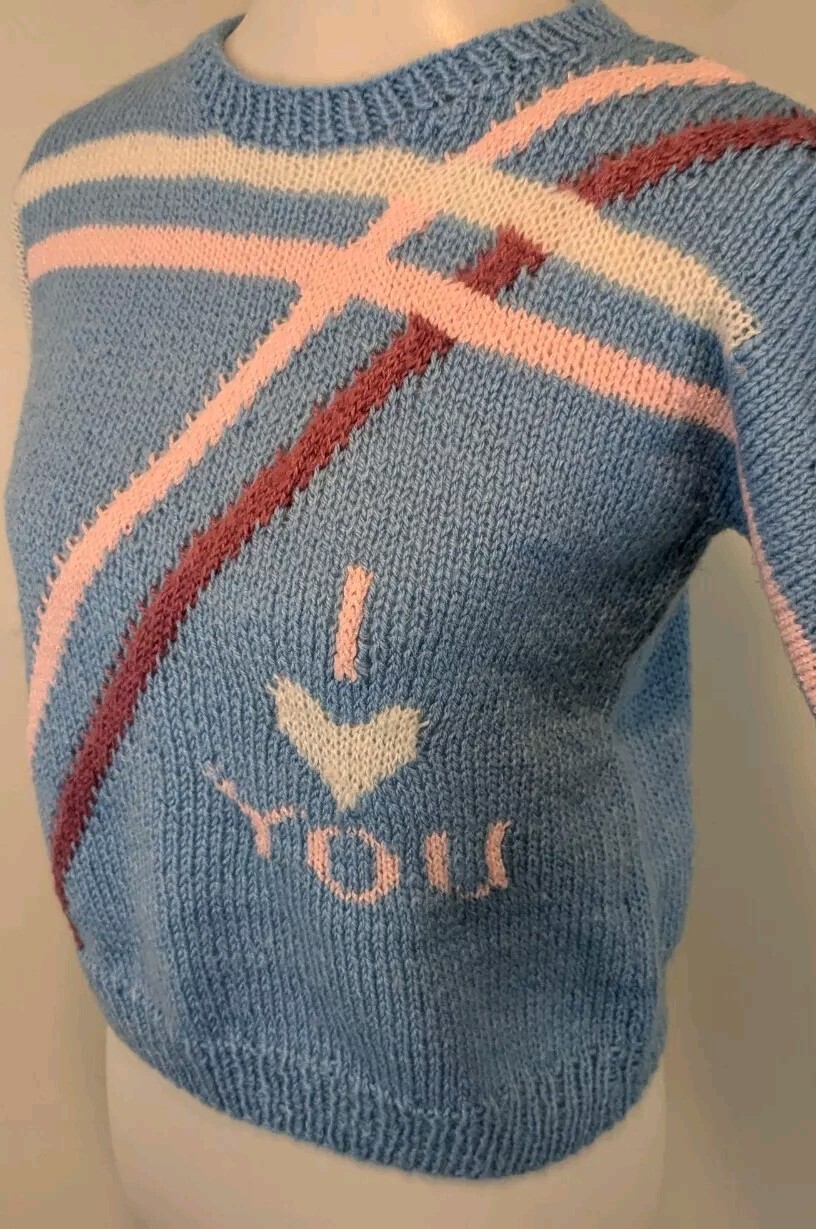 Vtg Handmade Wool Sweater I Love You OOAK Jrs Womens XS S Petite Blue Handknit