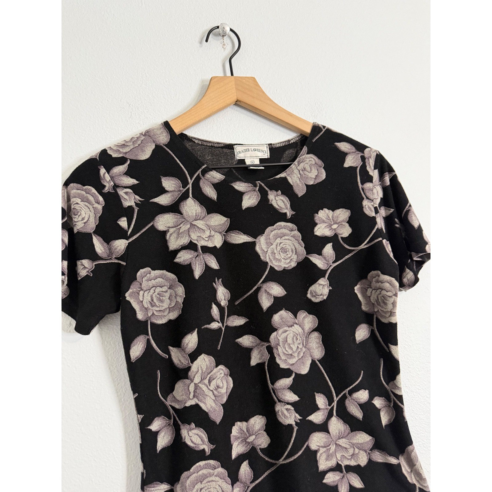 Vintage 90’s Frazier Lawrence – Black and Silver Rose Floral Top Size M