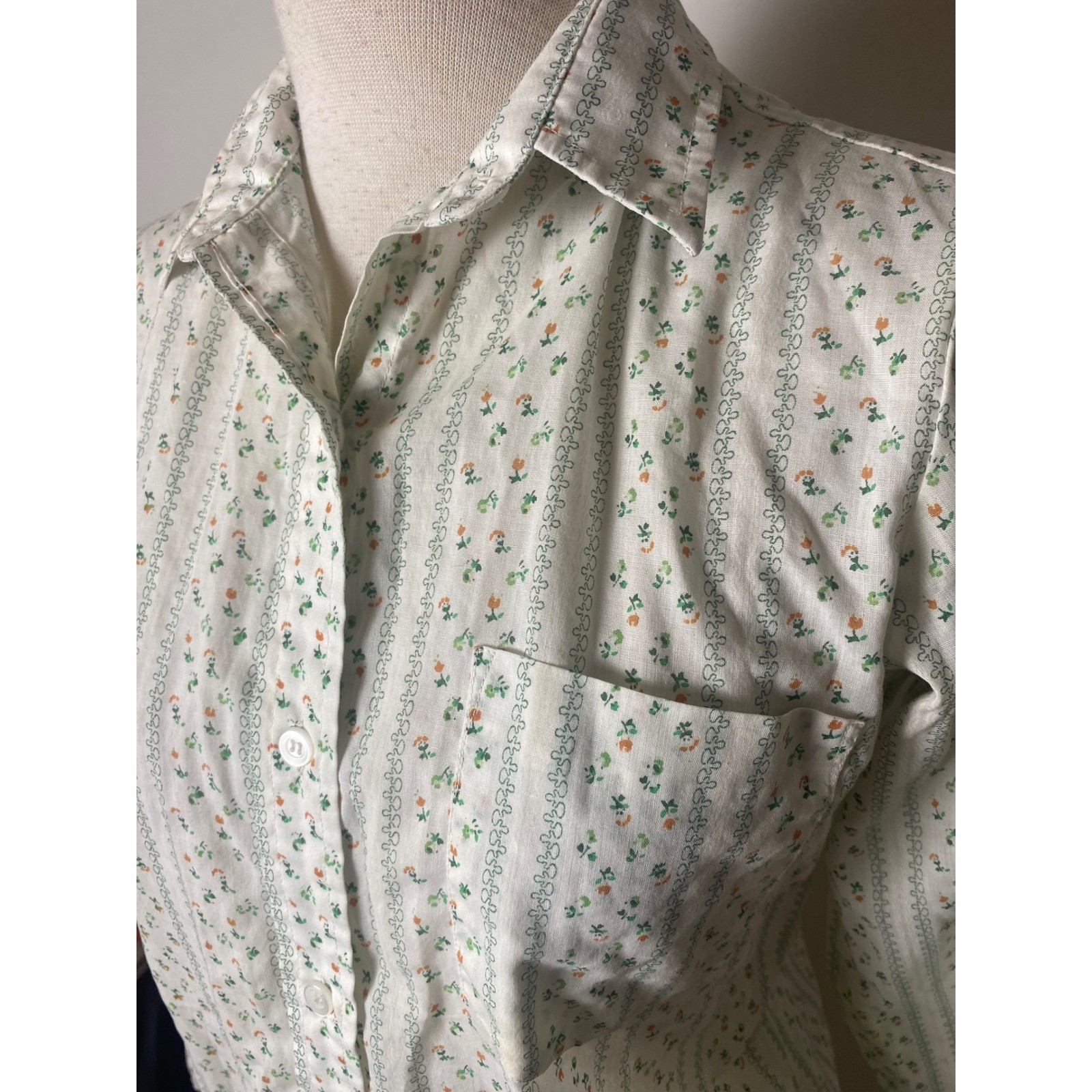 Vintage 60s Sequel Floral Stripe Button Blouse S Cottagecore Granny Retro Dagger