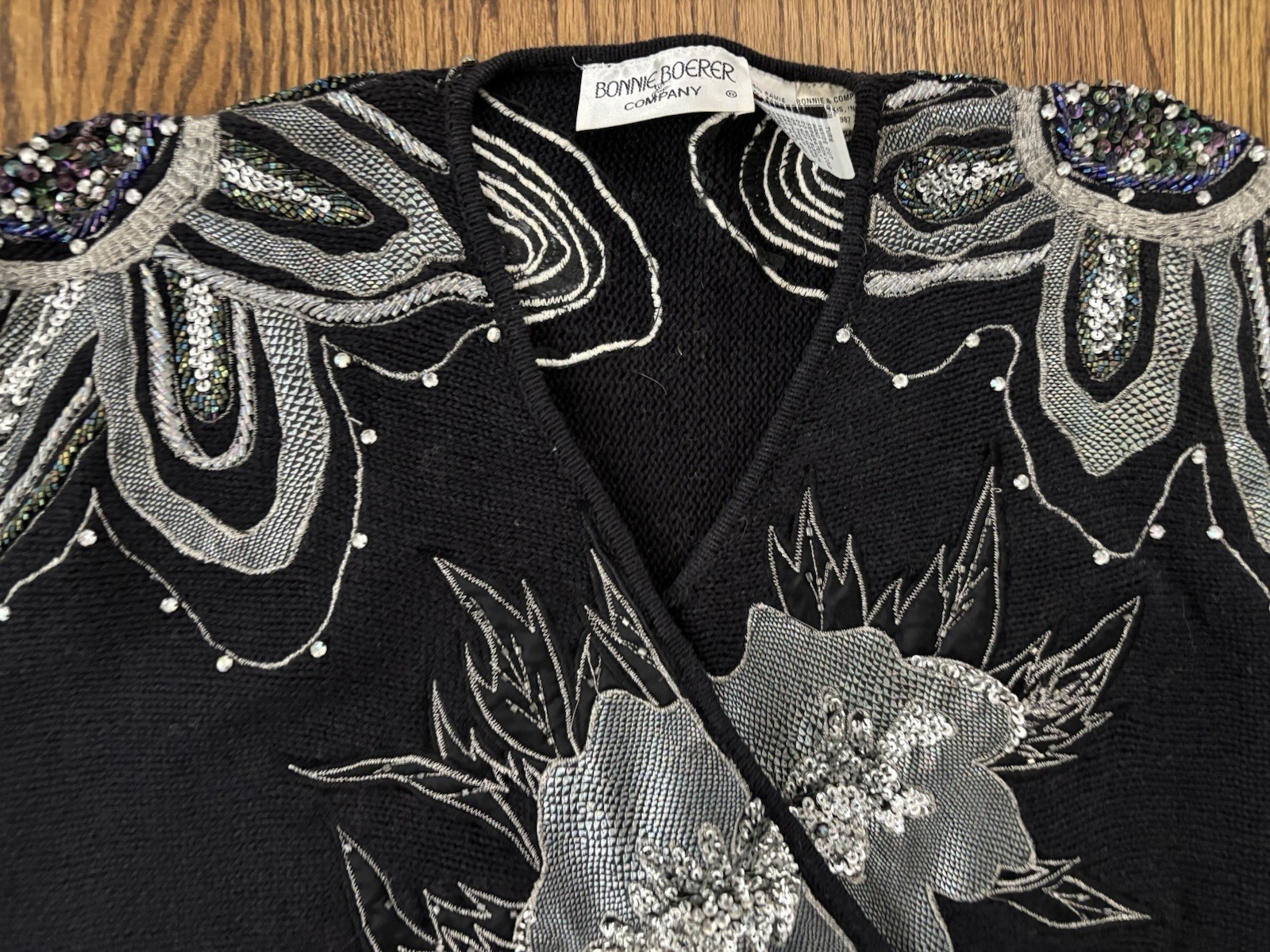 Vintage 1990’s Bonnie Boerer Metallic Silver Embellished Batwing Wrap Sweater M