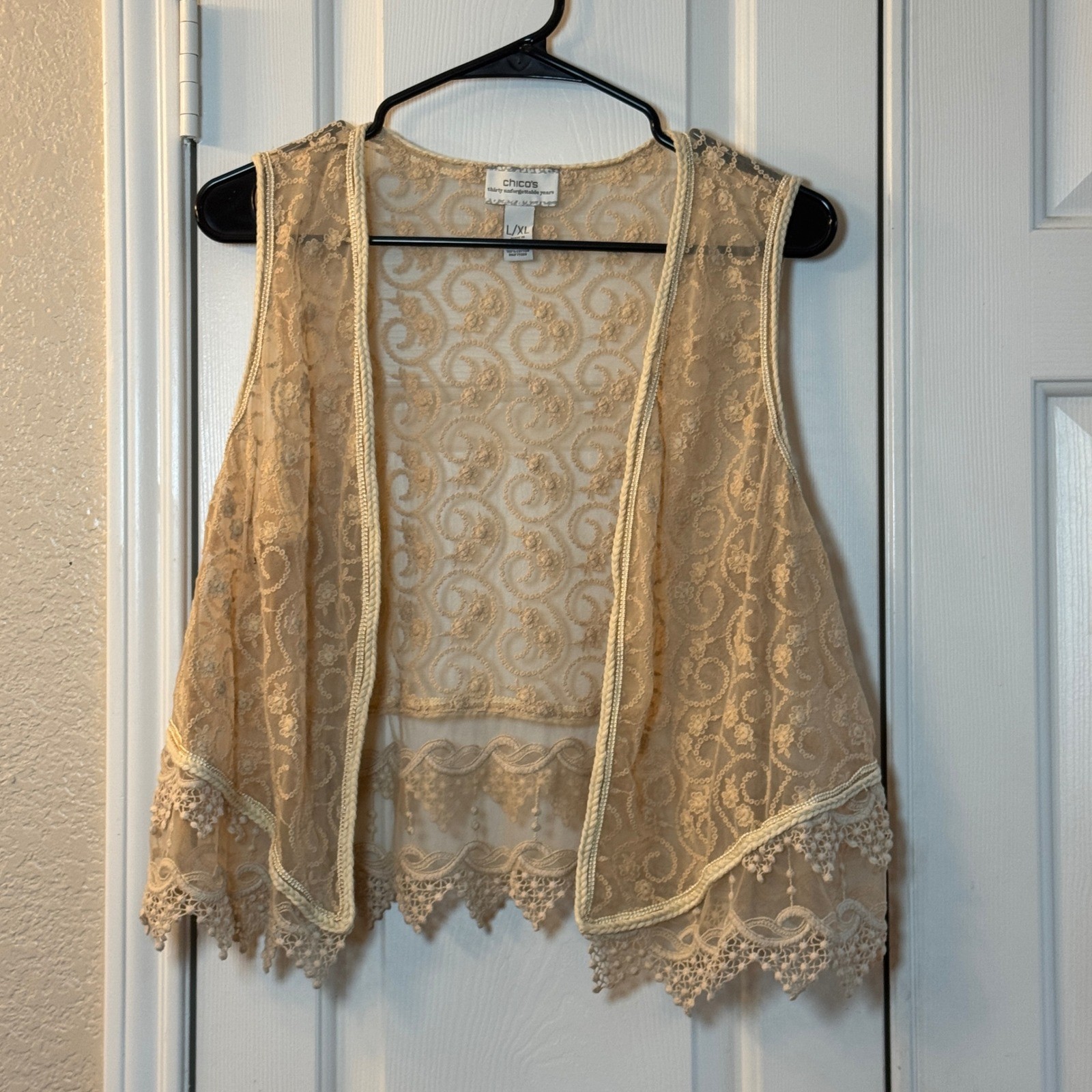Chico’s Women’s Sleeveless Beige Open Vest Lace And Embroidered Very Sheer L/ XL