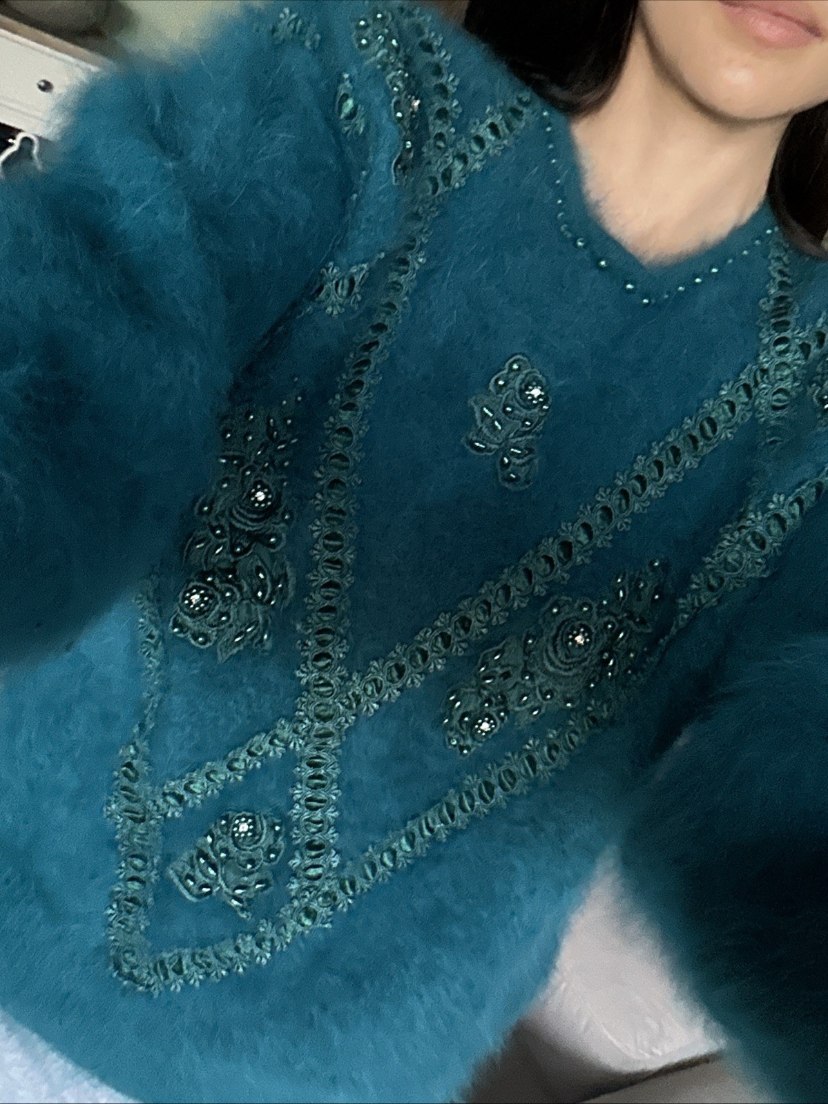 Connie A. Lee Vintage 1940s Sweater Blue Turquoise Fluffy Soft Wool And Cashmere