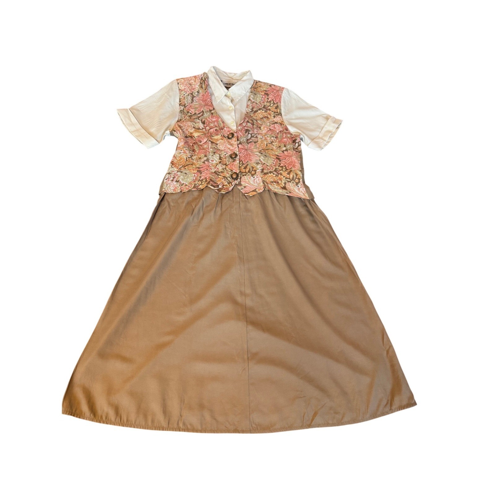 VTG Carole Little Floral Vest Layered Midi Dress Tan Pink 90s Cottagecore SZ 10