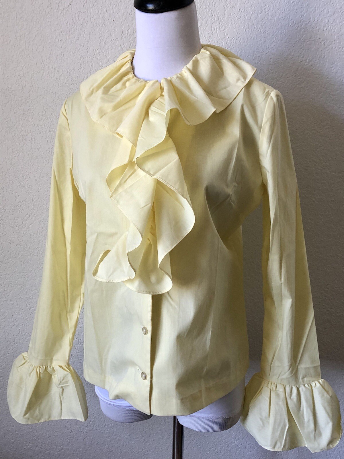 Vintage Lemon Drop Yellow High Neck Big Ruffled Blouse Top Shirt Buttoned 13/14