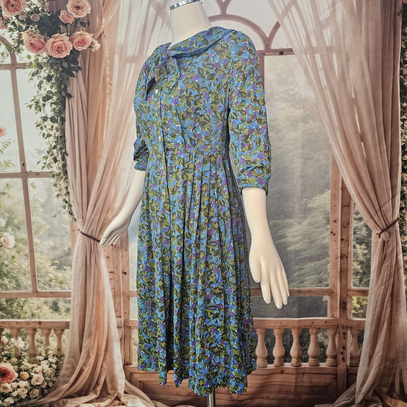 Vintage 1960’s Dress Blue Green Purple Floral Rounded Collar Necktie Retro