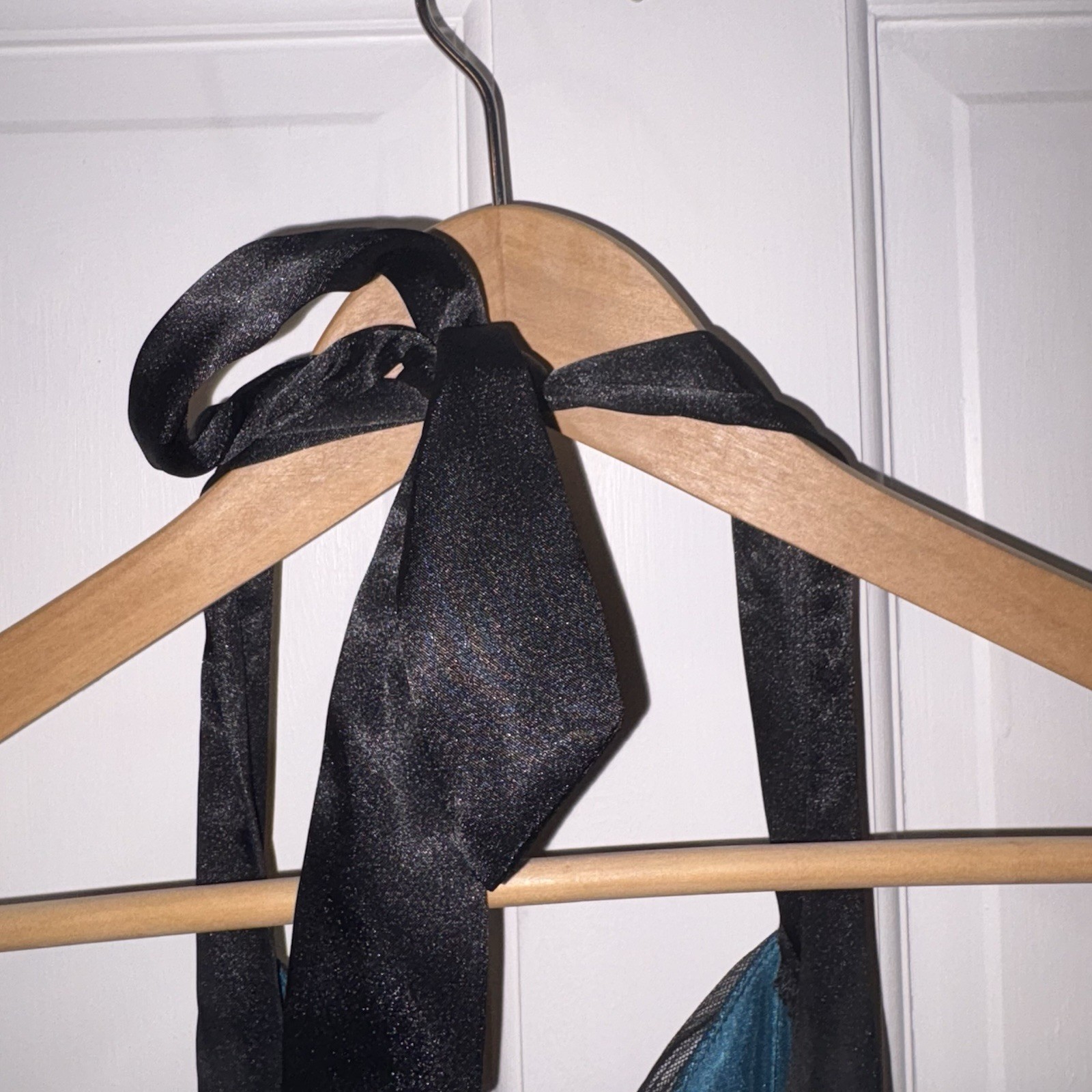 Teeze Me Juniors Halter Party Dress – Teal Blue with Black Overlay, Size Small