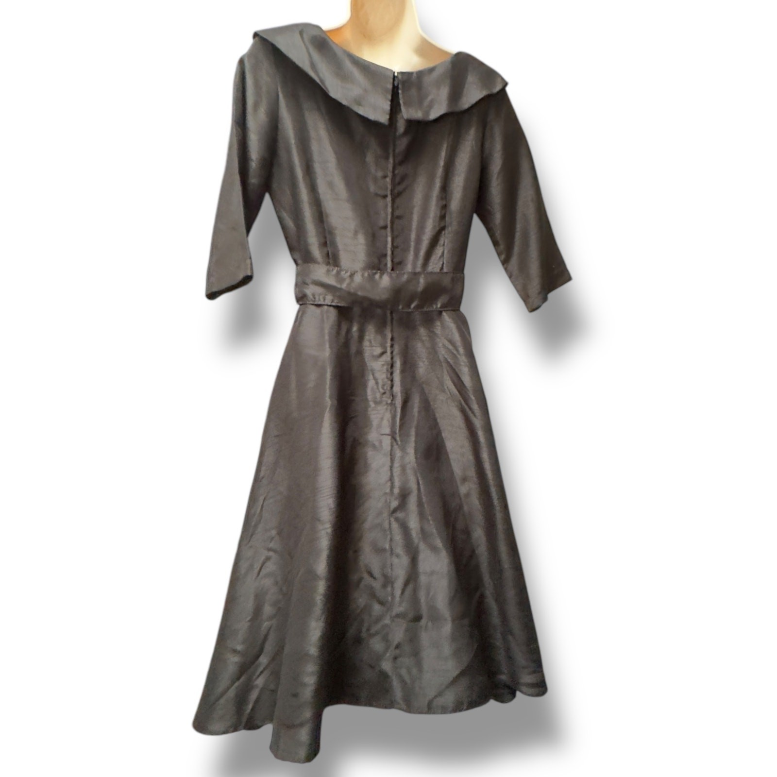 1950’s Black Silk Organza Cocktail Party Dress w Bow Belt Fit and Flare Vintage