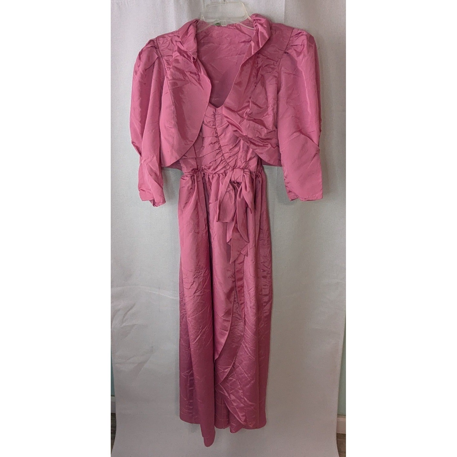 Vintage 80s Gown Set Women Size 9/10 Pink Maxi Dress with Puff Sleeve Bolero