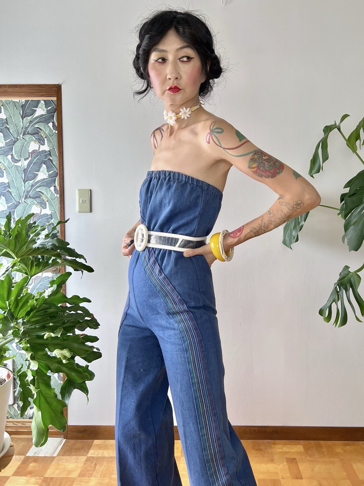 1970s Happy Legs Rainbow Chain Stitch Strapless Denim Jumpsuit Wide Leg XS/S