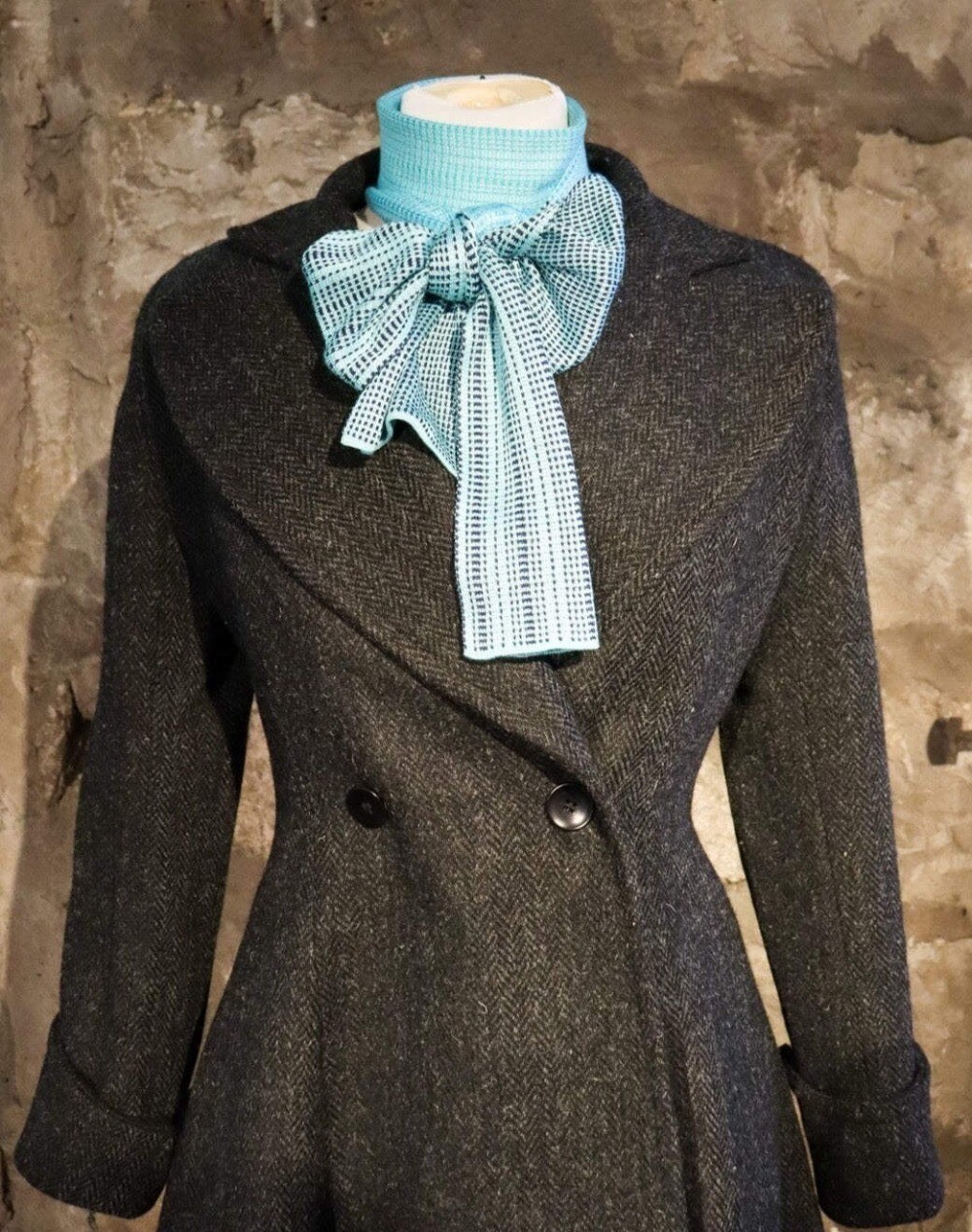 Ladies Brown Coat Herringbone Tweed Jacket Double Breasted Wide Collar Long