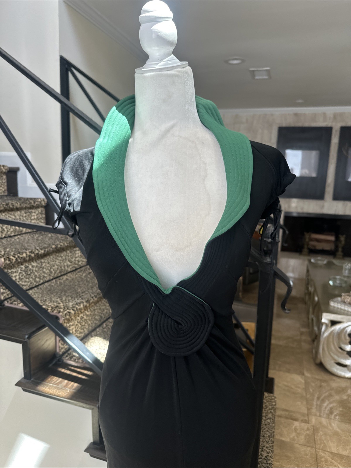 Mariano Toledo VTG Y2K Bias Cut Black & Green Jersey Low Neck Fishtail Gown 2