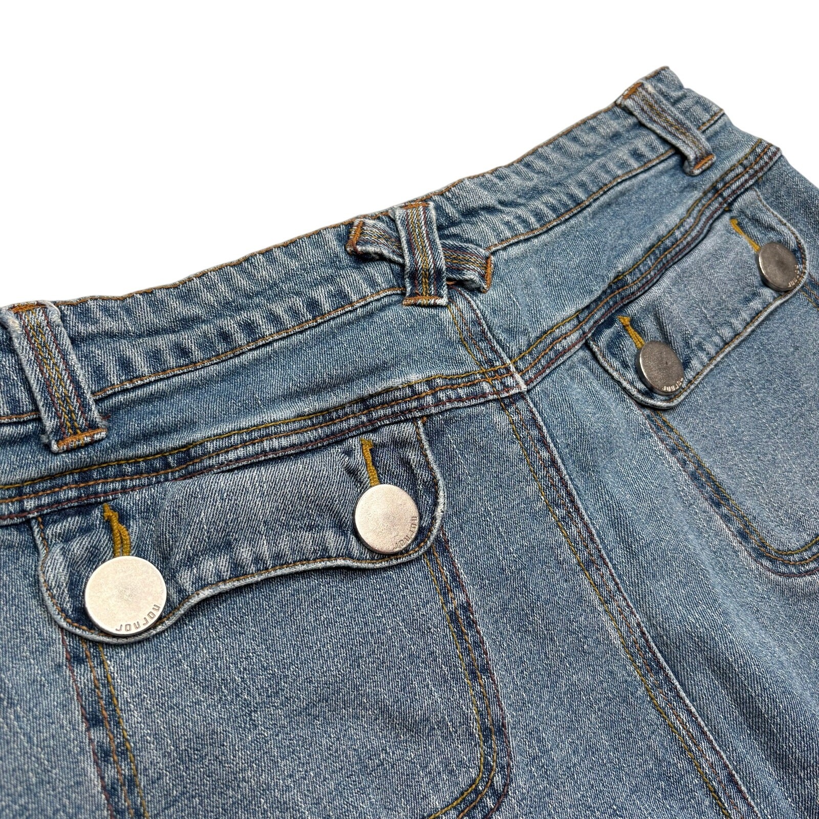 Vintage 90s JouJou Denim Mini Skirt Size 9/10 Y2K Raw Hem Blue Jean