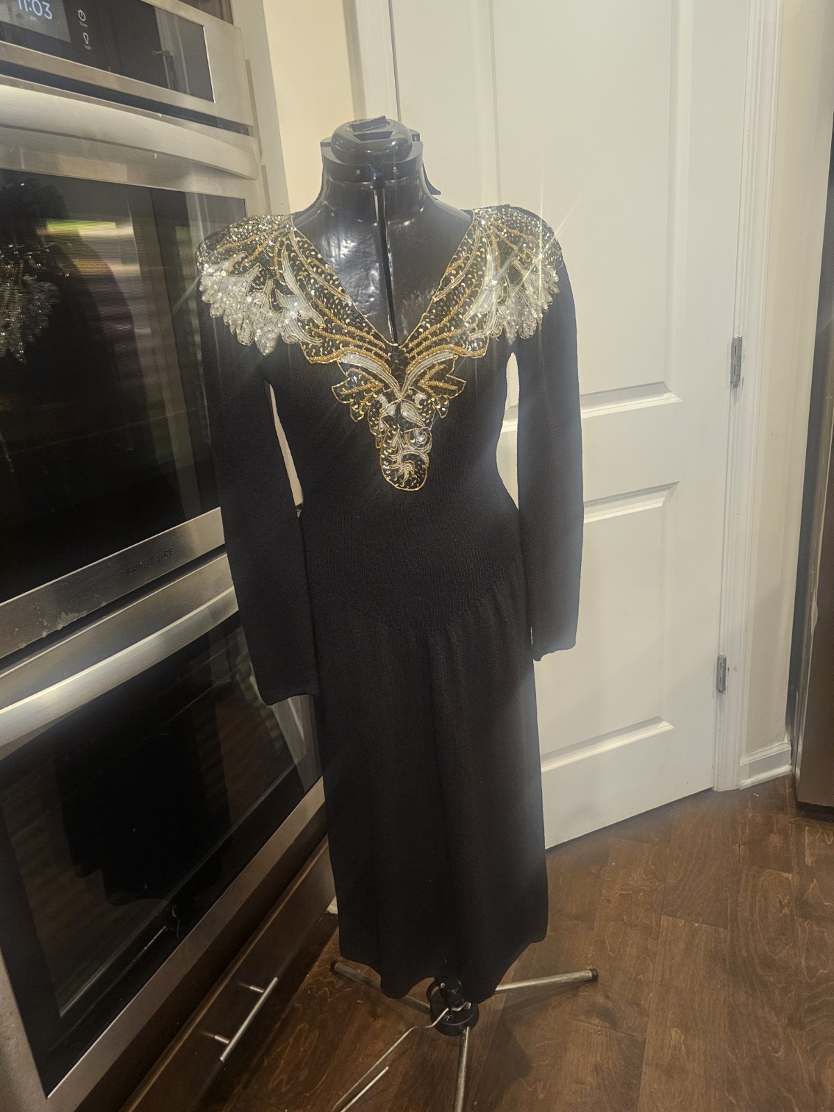 Vintage 80’s Pat Sandler For Wellmore Beaded Sequin Black And Gold Sweater Long