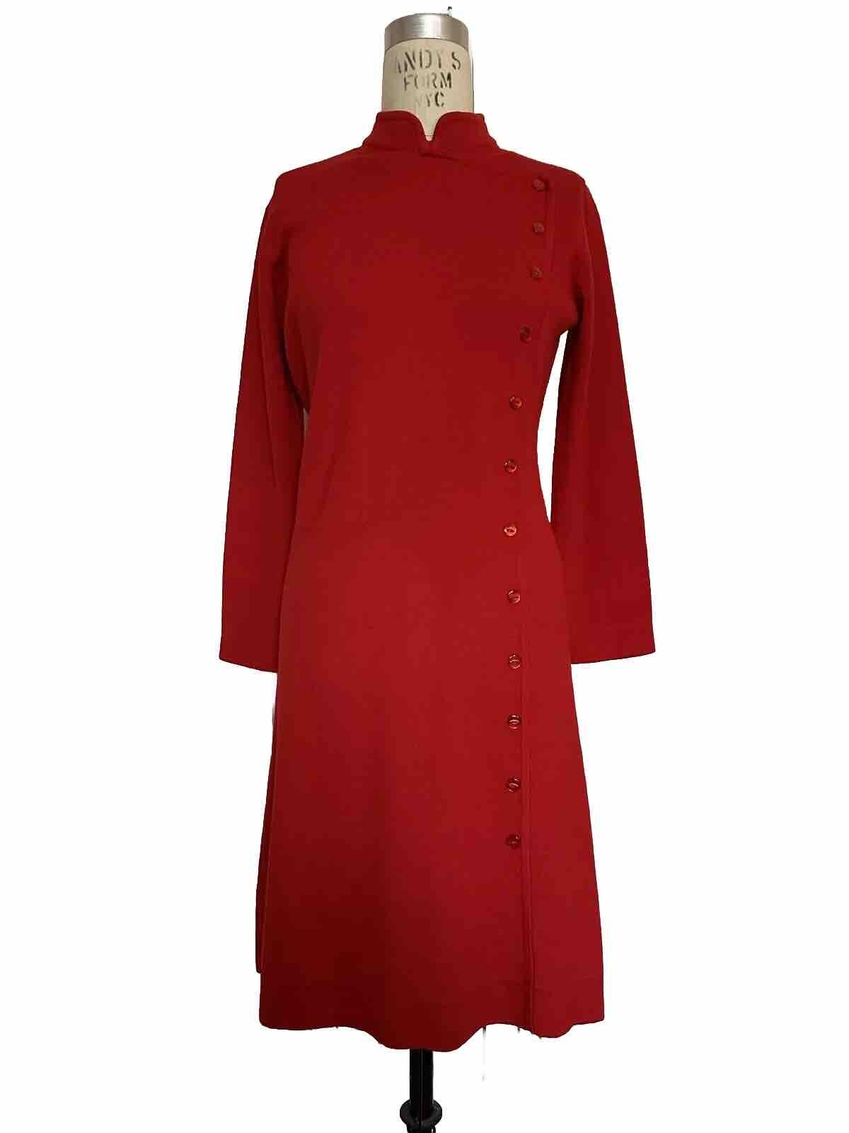 VTG 60s Haymaker Knit Red 100% Wool Dress M Buttons Mandarin Collar Sheath E28