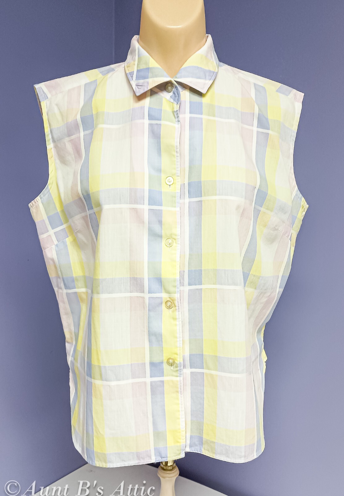 Vintage 50’s-60’s Ladies Joyce Lane Cotton Pastel Plaid Sleeveless Blouse Sz 38