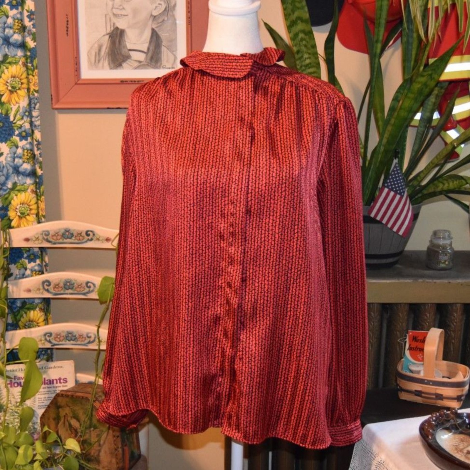 Vintage 80s Evan Picone Secretary Blouse Ruffle Neckline Red and Black Size XL