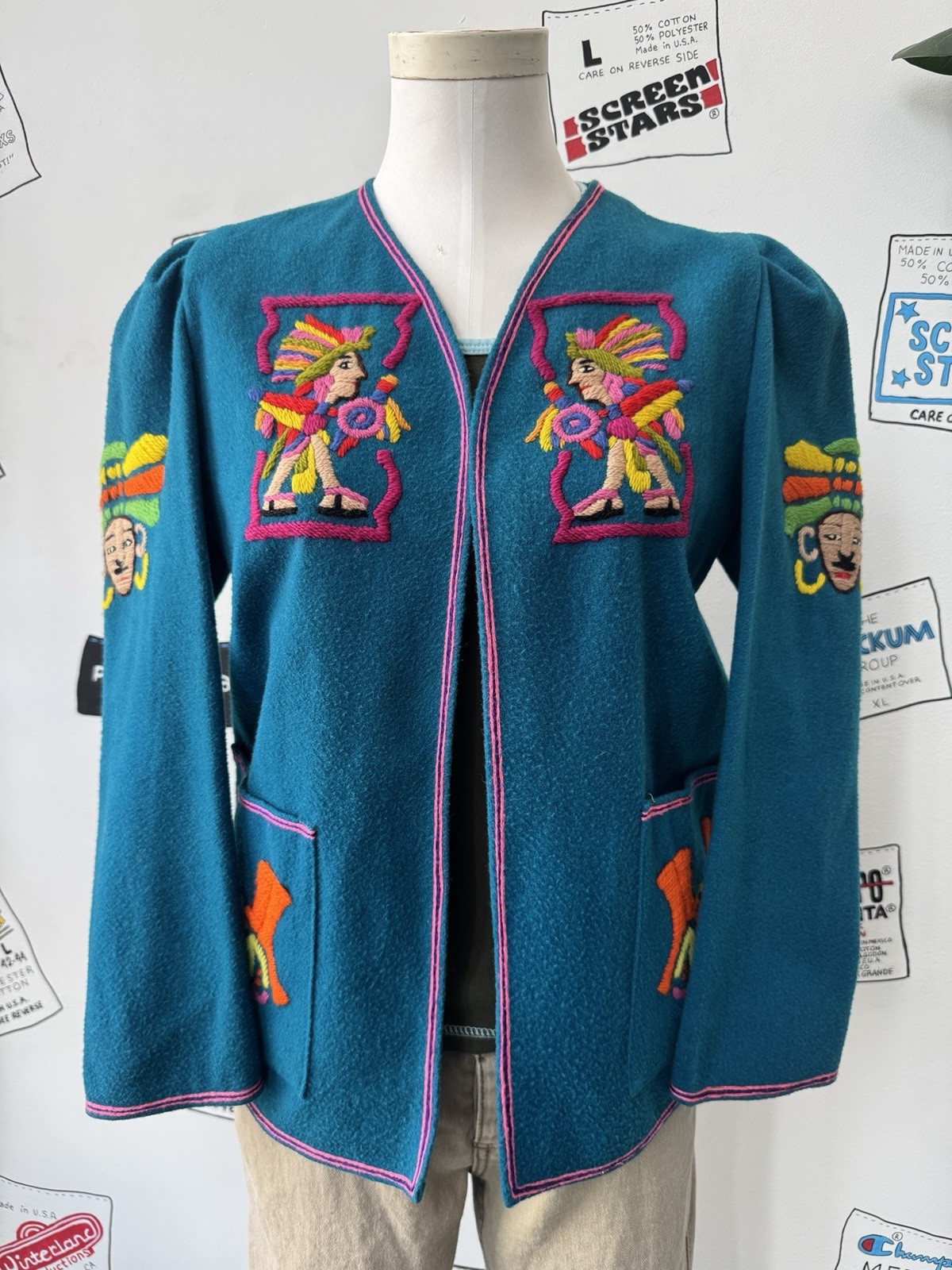 Vintage Lab Mex Mexican Souvenir Jacket Sz M Folk Art Embroidered Wool 50s