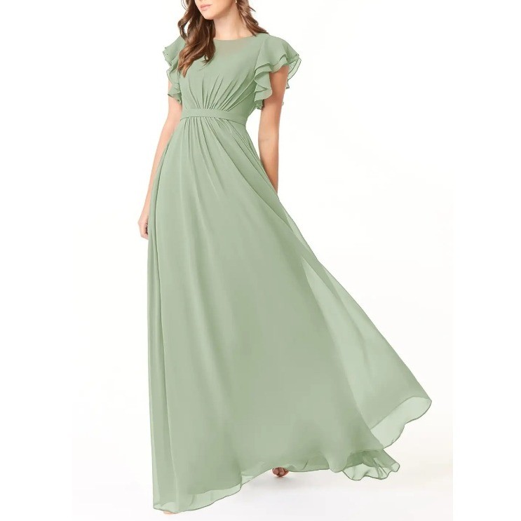 Azazie Dusty Sage Daphne A-Line Ruffled Chiffon Floor-Length Dress Size A18 NWT