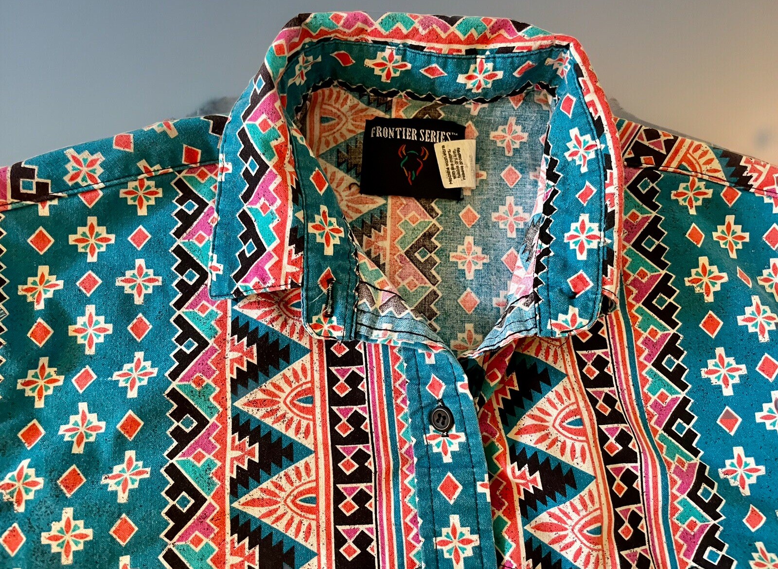 Western Shirt FRONTIER SERIES Womens M Southwestern Coral Turquoise Vintage