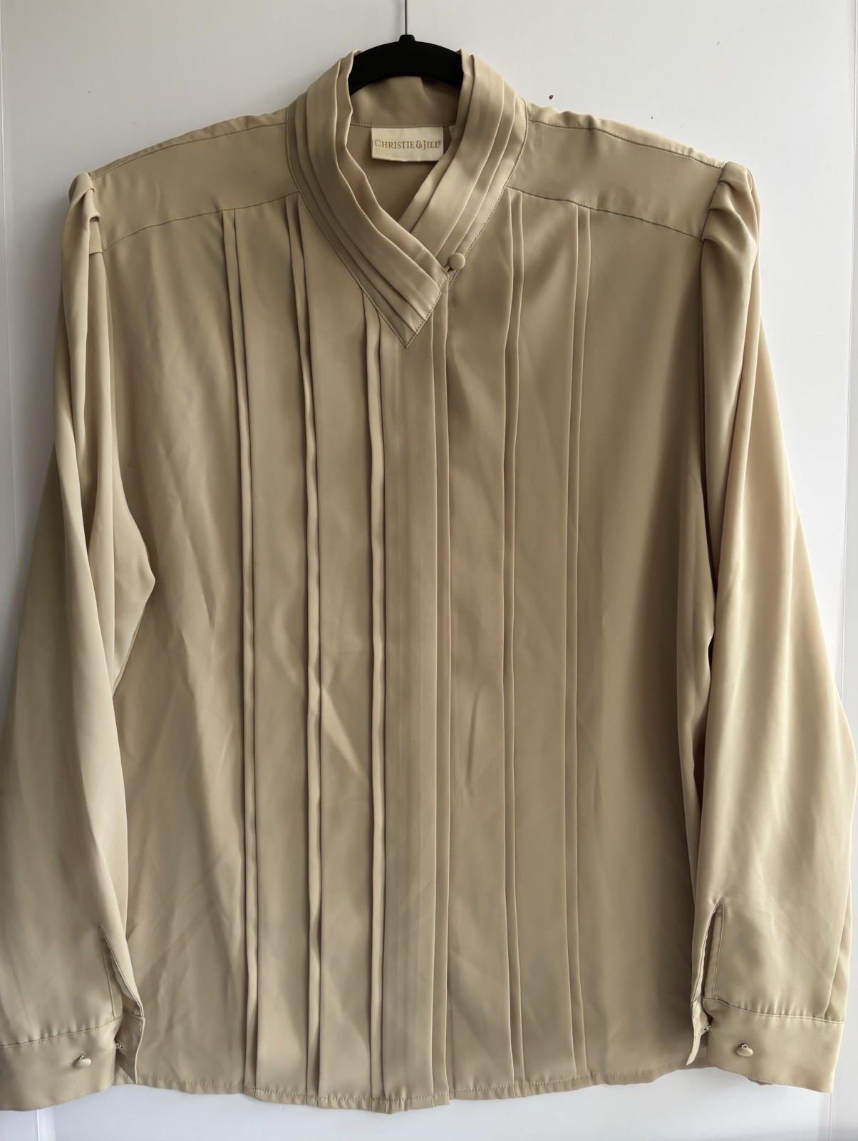 Vintage Christie & Jill Blouse 18 Beige Pleated Mock Neck Shoulder Pad Top