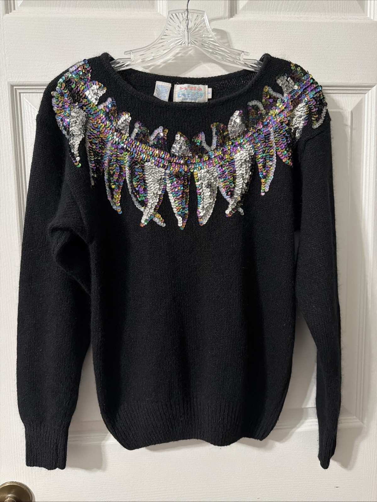VTG Extra Energy Black Silk Angora Blend Sweater Sequin Size Medium