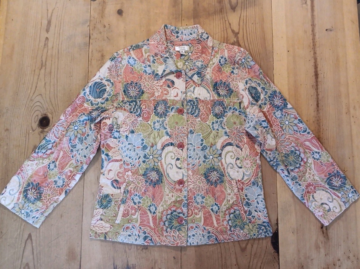 VTG Baxter & Wells Womens M Floral Jean Style Jacket Button Up Embroidered Pink