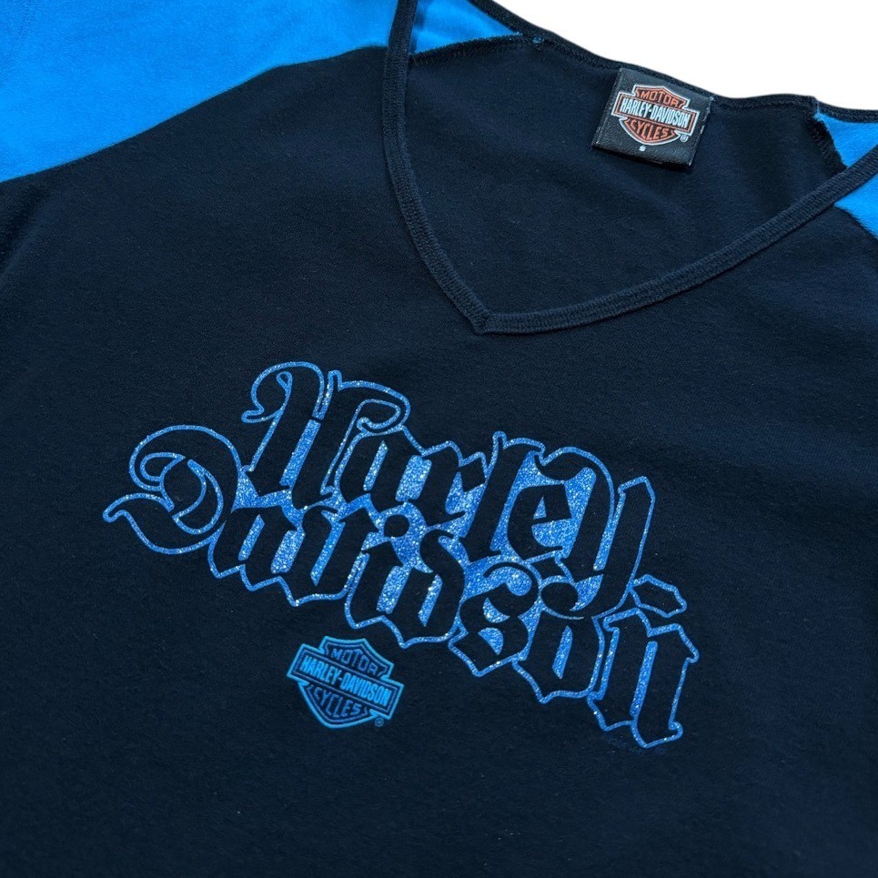 Vintage Y2K Harley Davidson Sturgis Dakota Biker Raglan V-Neck Glitter T-shirt