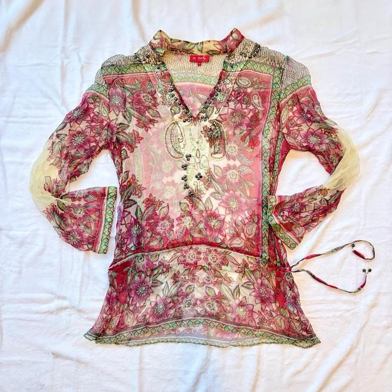 Y2K René Derhy Paris Beaded Sheer Mesh Floral Blouse Pink Fairycore Whimsigoth