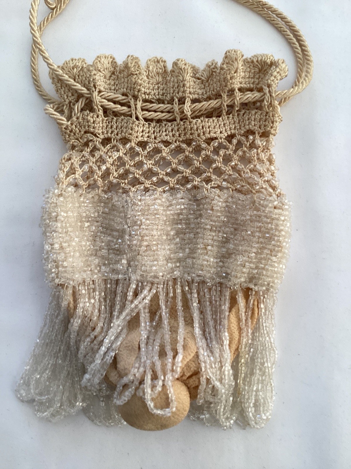Antique Edwardian Silk Crêpe And Crochet White Glass Beads Reticule Evening Bag