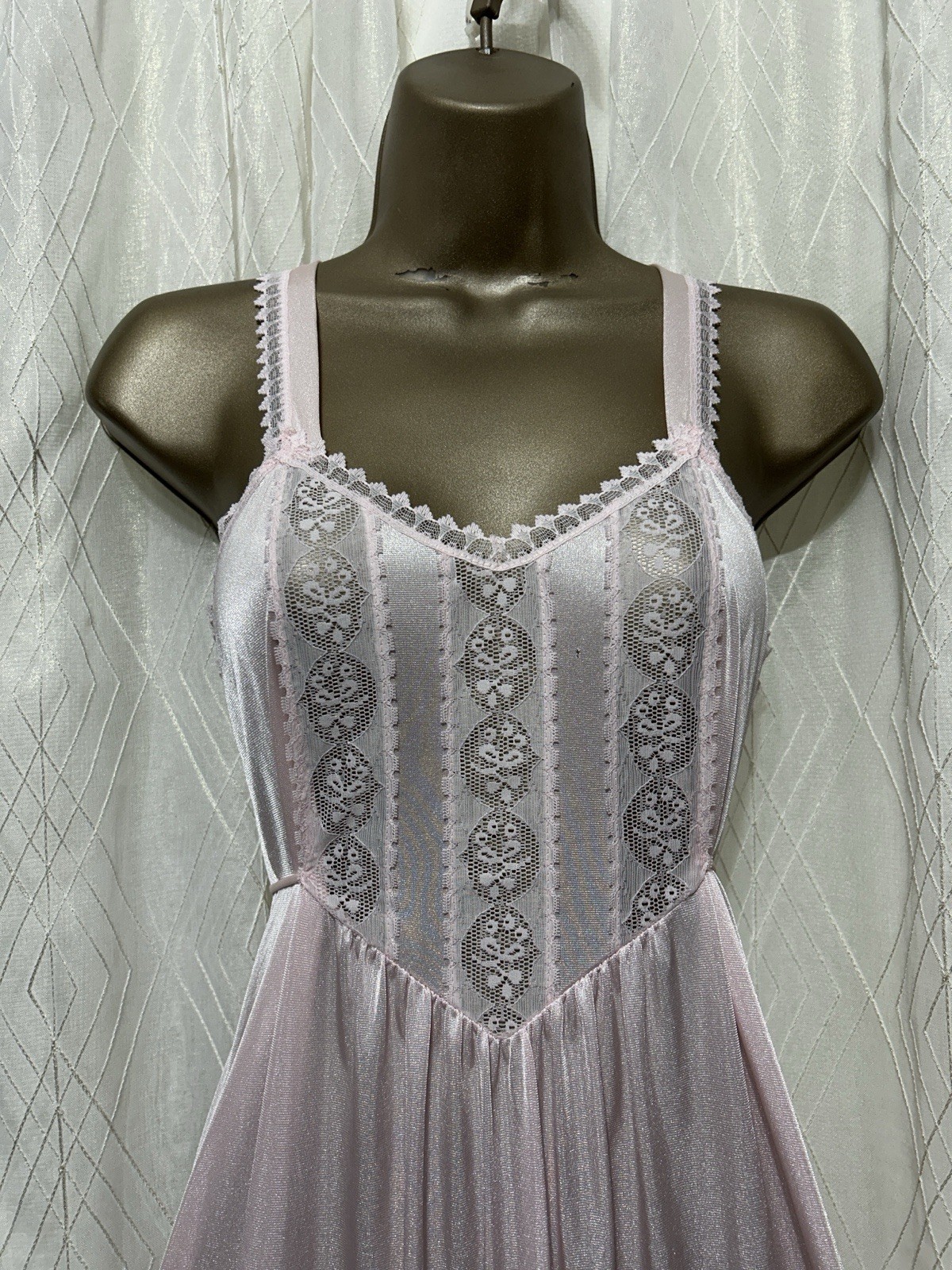 VTG M L Deena Nightgown Sweetest Pink Shiny Nylon sheer Lace Gown Wide straps