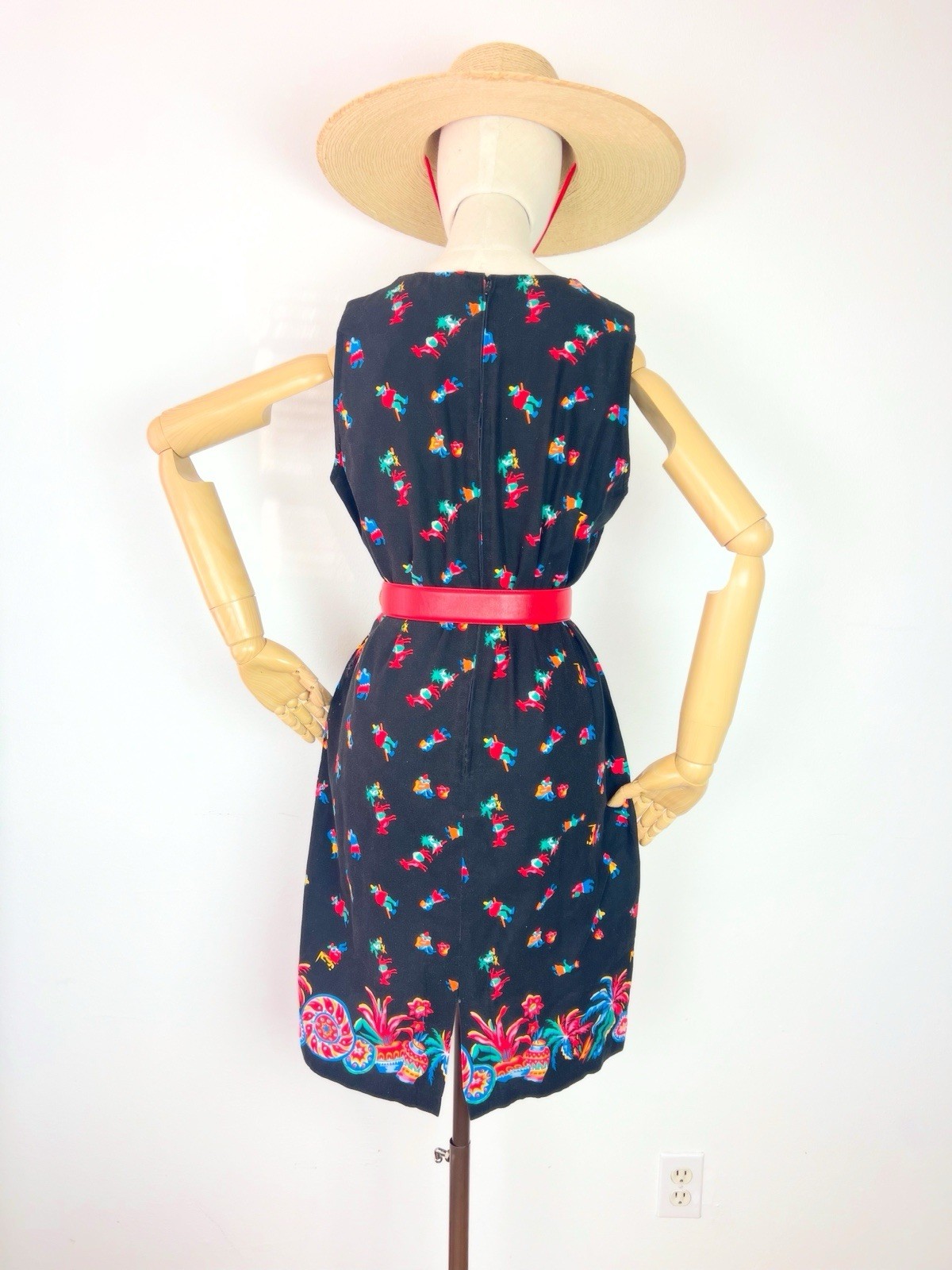 MEXICAN NOVELTY Print 60s 1960’s Vintage Black Cotton Shift Sundress Dress M 36b