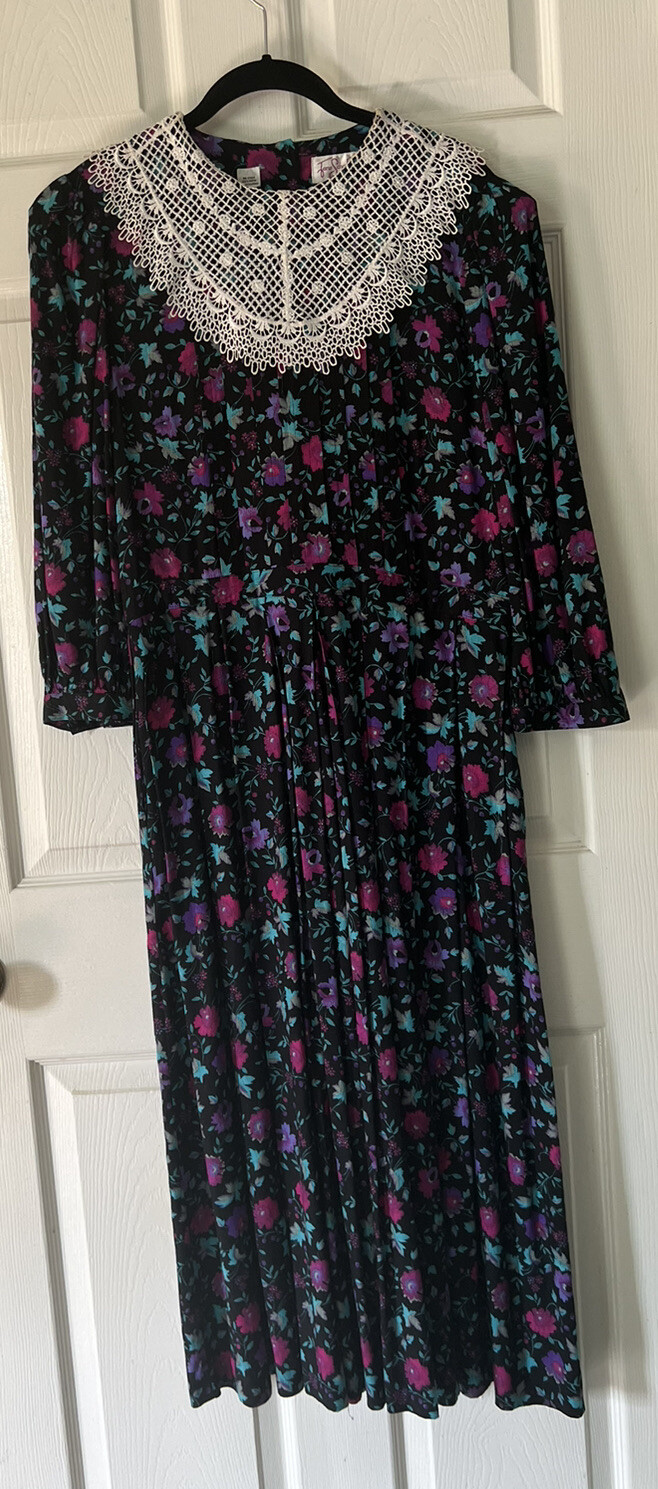 Vintage Jane Schaffhausen Belle France Cottagecore Floral Lace Collar Dress 10
