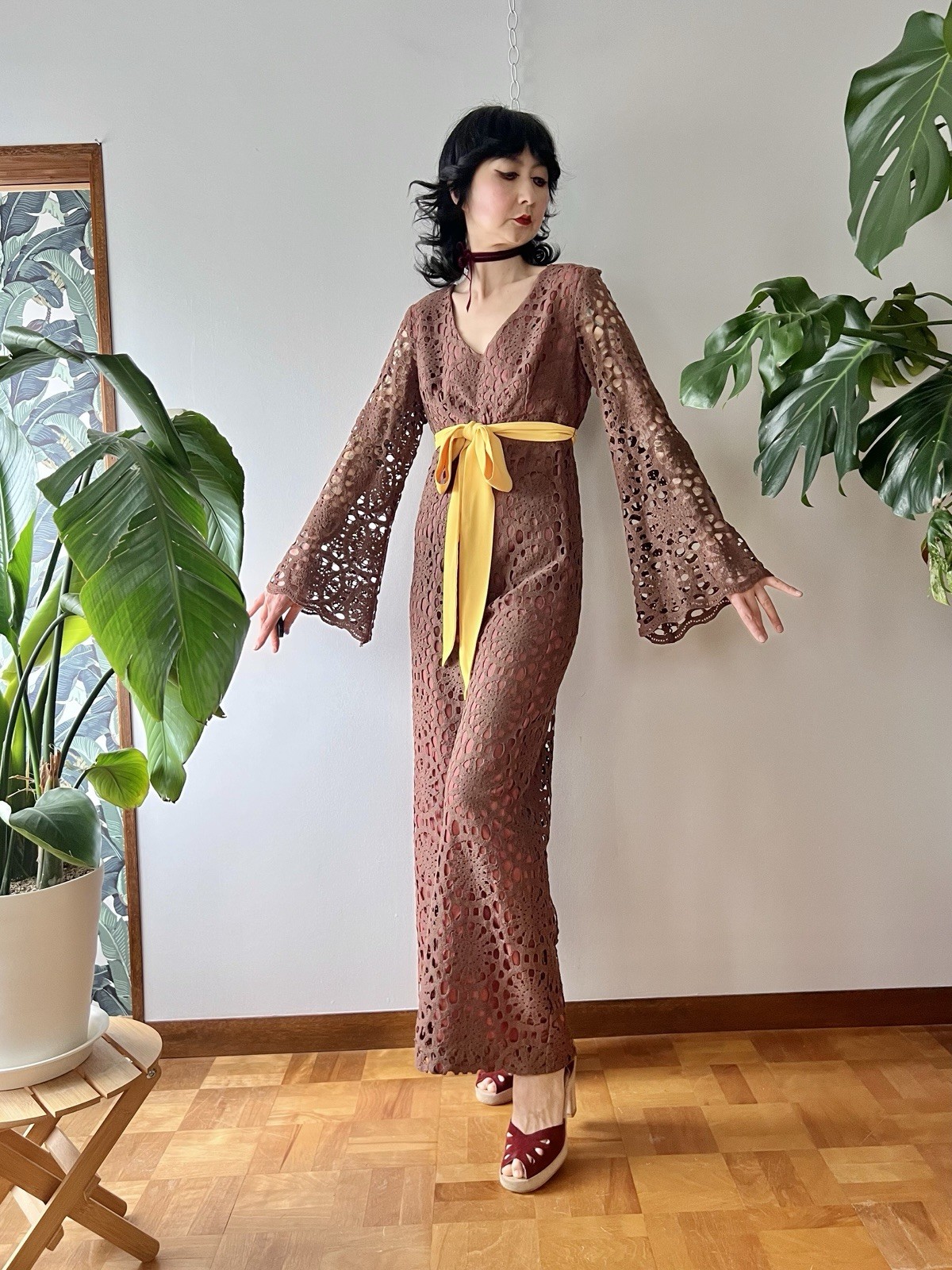 60s 70s Joy Stevens California Crochet Lace Bell Sleeve Flared Wide Leg Jumpsuit