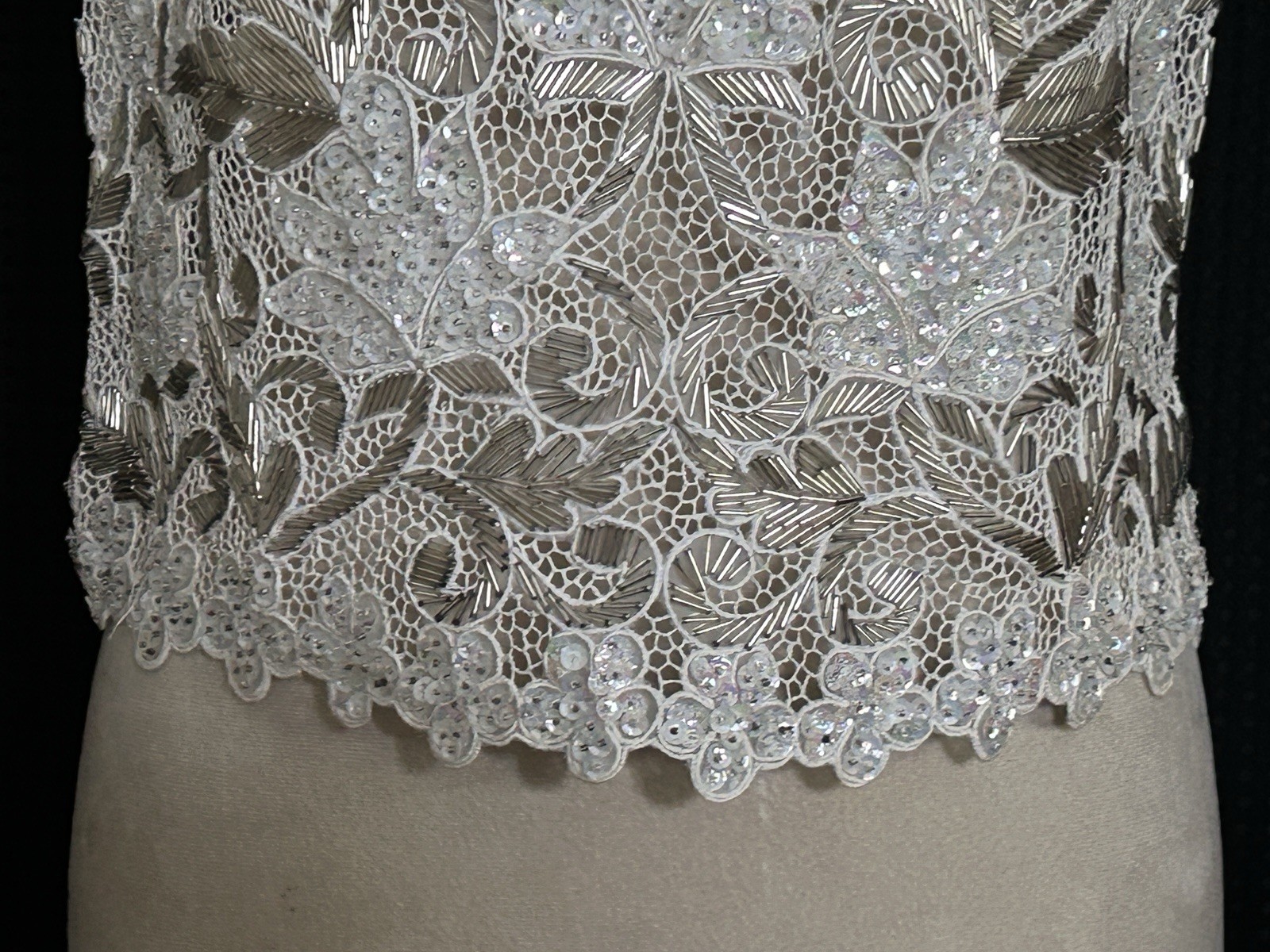 Vintage Hand Finished Floral Sequined White Silver Beaded Lace Applique Top