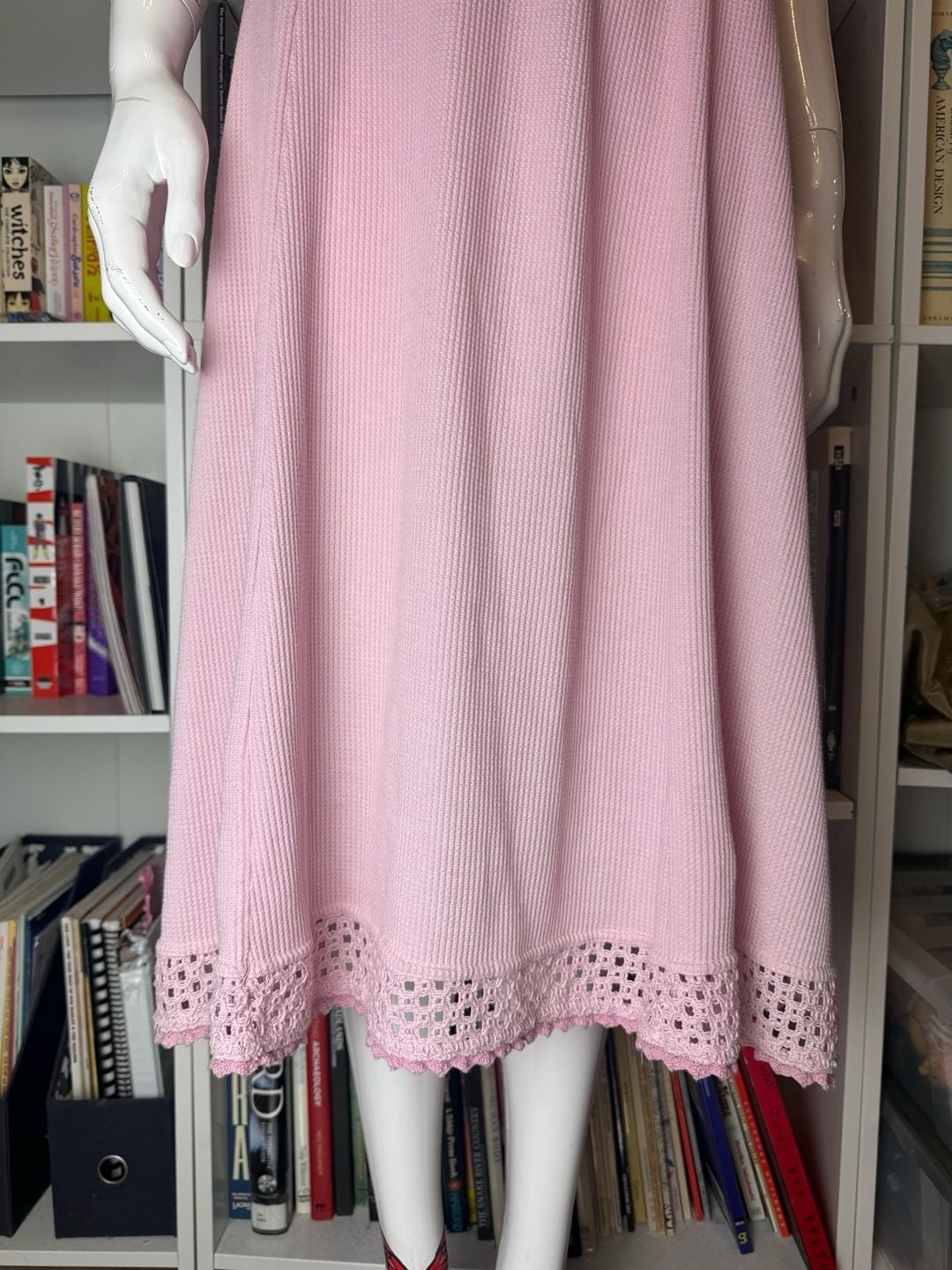 Vintage 70s 80s 90s Pink Rosette Crochet Knit Corset Dress