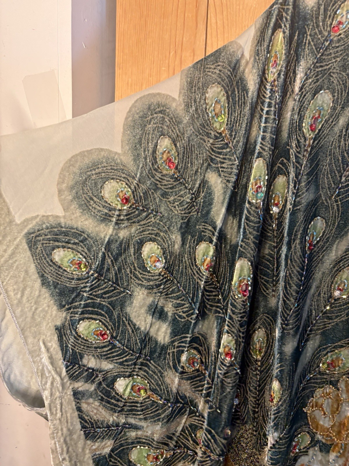 Kimono Duster Jacket Peacock Floral Velvet Beaded Burnout Coverup OS L/XL/1X/2X
