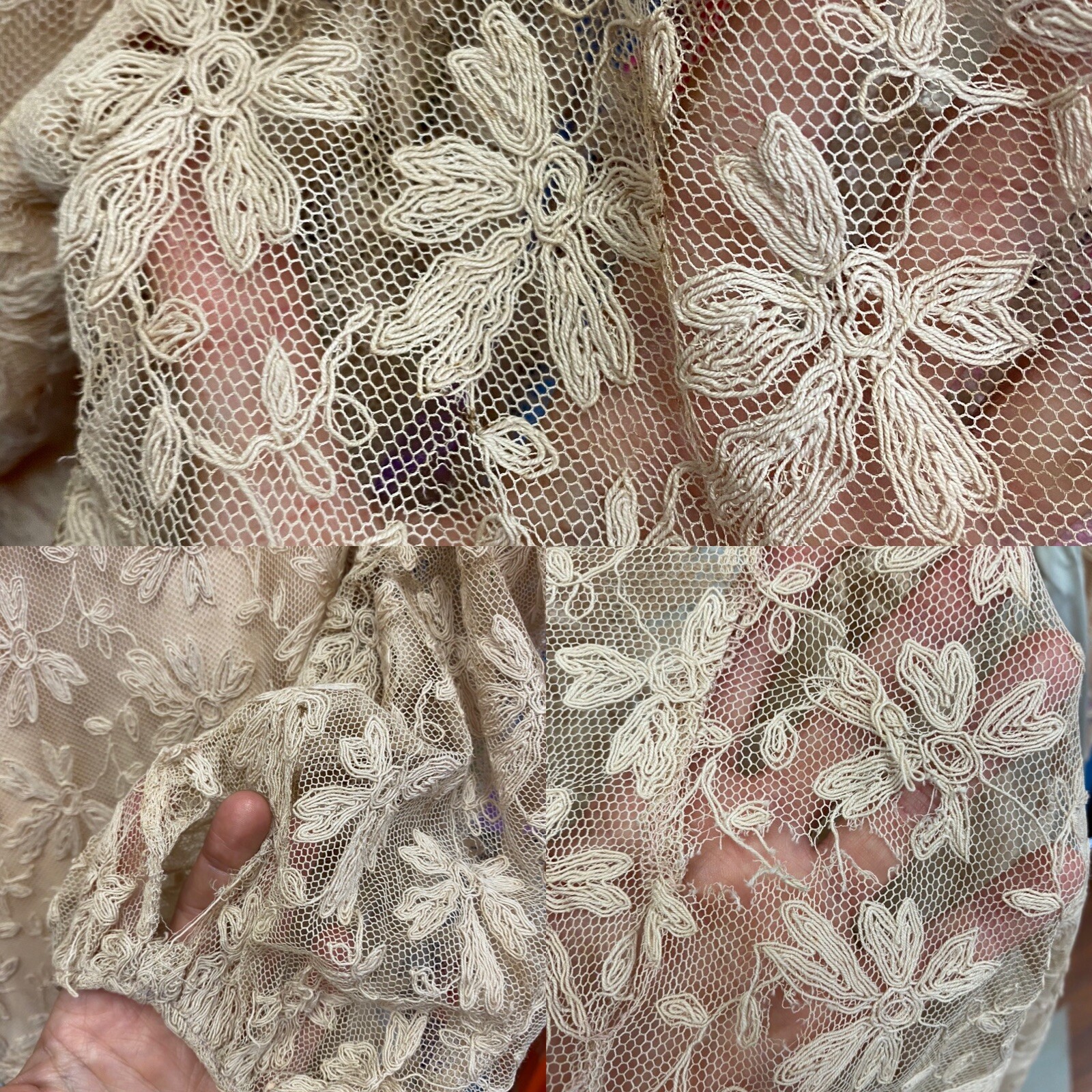 Antique 1930s Pale Blush Pink Net Lace Sheer Robe With Blue Ribbon Tie AS IS