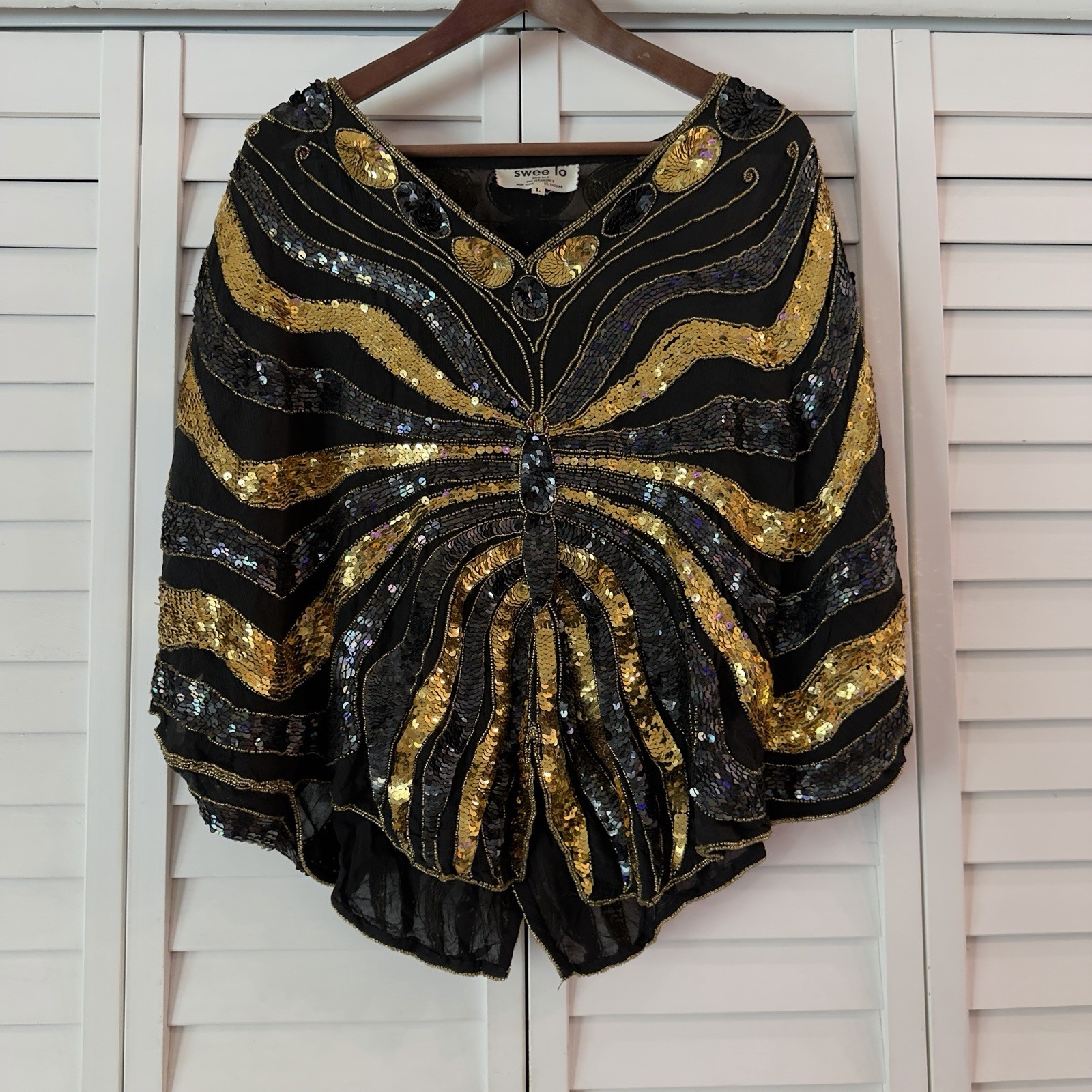 Swee Lo Vintage Hand-Beaded Silk Butterfly Cape Top Size L